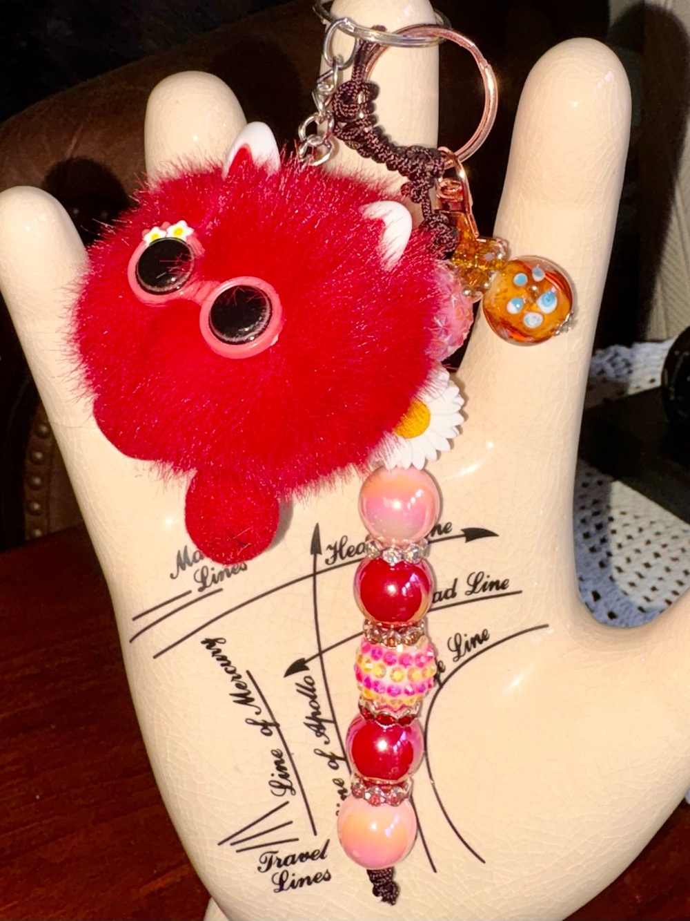 Cute Fuzzy Pom Pom cat with daisy bubble gum bead bag charm keychain